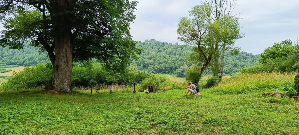 Zdjęcie przedstawia górzysty, zielony krajobraz dawnej wsi Krywe.